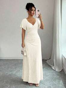 Elenzya Vestido morado claro con cuello en V, mangas con volantes, cintura plisada y abertura, vestido elegante de dama de honor, vestido de fiesta, primavera/verano - Albaricoque - Ver 1