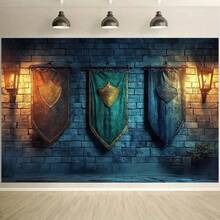 1 pieza Fondo de pared de castillo medieval con escudo y diseño de ladrillo de piedra - Gran decoración de fiesta con temática de caballeros, de tela de poliéster duradera apta para uso en exteriores, evento de feria medieval, telón de fondo fotográfico (fácil de instalar) - Multicolor - Ver 3