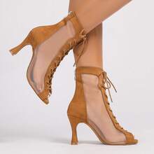 1 Pasang Sepatu Dansa Latin Ballroom Seksi Modis Bahan Suede Cokelat dengan Resleting Belakang Tinggi - Coklat - View 7