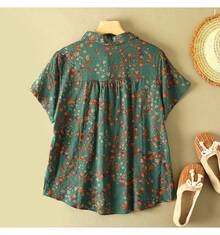 Camisa con estampado Floral Vintage para mujer, blusa informal holgada de manga corta con bolsillo, Top cómodo suave y fino para uso diario, moda de verano - Azul - Ver 2