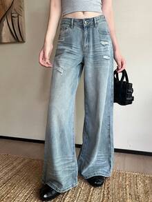 Quần jeans ống đứng dáng suông, bạc màu, có nếp nhăn, kiểu dáng mới, thoải mái, đa năng cho mùa xuân. - Rửa nhẹ - Xem 2