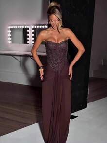 New Strapless Long Party Dress With Combination Neckline - Brown - View 1