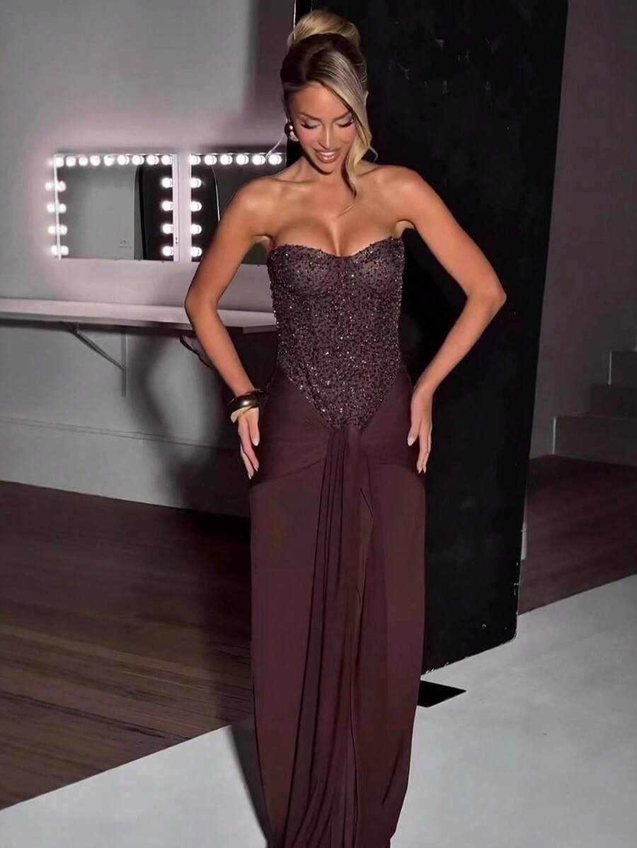 New Strapless Long Party Dress With Combination Neckline - Brown - View 1