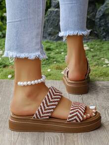 Women's Thick Sole Comfortable Versatile English Style Beach Sandals, Colorblock Strap Flat Casual Shoes For Summer - Flower Palm - View 3