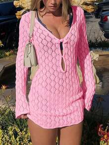 Cubrecuerpo de manga larga con cuello en V transparente de malla hueca con nudo y botón de ganchillo para mujer, vestido de punto ajustado de unicolor sexy y mini para playa, vacaciones de primavera, otoño y verano - Rosa - Ver 6