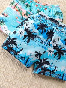 Bộ 6 món cho bé trai mùa hè, kiểu dáng thường ngày, in hình cây dừa: áo ba lỗ cổ tròn, quần short và mũ, phong cách đi biển. - Nhiều màu - Xem 6