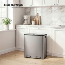 SONGMICS Trash Can, 2 X 8 Gallon (2 X 30 L) Double Compartment Garbage Can For Recycling, Stainless Steel, With 15 Liner Bags, Soft-Close Lids, Removable Buckets, Pedals, Silver ULTB160EZ01 - Bạc - Xem 5