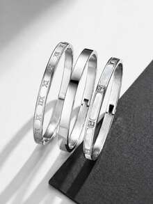 Bộ 3 vòng tay bằng thép không gỉ mạ bạc, gồm vòng tay số La Mã, vòng tay trơn và vòng tay đính đá giả ngọc trai dành cho nữ, trang sức đeo hàng ngày chống nước, có thể xếp chồng lên nhau. - Nhiều màu - Xem 6