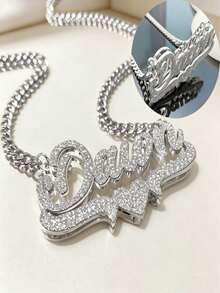 1PC Gold Matte Custom Name Necklace With Double Layered Letters And Small Hearts, Cuban Chain With Customizable Engraved Words, Exclusive Collarbone Chain Made Of Titanium Steel And Stainless Steel Material That Does Not Fade And Is Hypoallergenic, Light Luxury And High-End Feel. - A - View 7