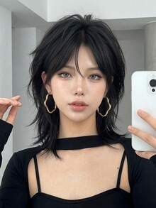 [MONEET SECRET] 12英吋自然黑色仙女風瀏海假髮，可愛趣味成人假髮，耐熱耐用，適合派對與日常配戴，優雅完美，適合女士假期、萬聖節與聖誕節日常時尚 - 黑色 - 查看 3