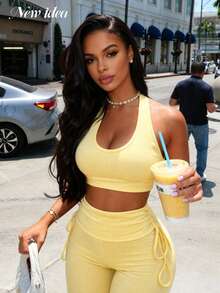 NEW IDEA Women's Y2K Pale Yellow 2 Pieces Set, Halter Crop Top & Side Drawstring Flare Pants, Suitable For Dating, Casual Outings - Light Yellow - View 7
