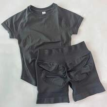 Conjunto Deportivo de Yoga para Mujer STOUREG, Ropa Deportiva de Punto sin Costuras, Top Corto de Manga Corta, Leggings Cortos para Gimnasio - color trufa - Ver 19