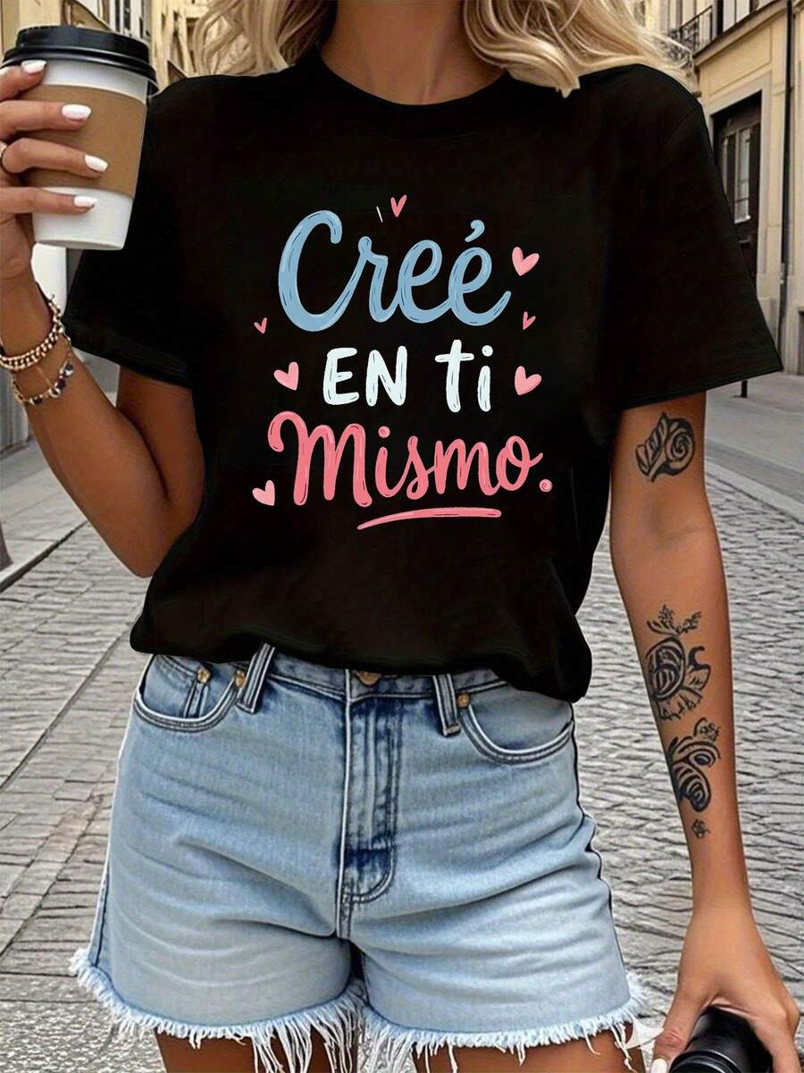Believe In Yourself Letter Print T-Shirt, Short Sleeve Crew Neck Casual Top For Summer And Spring, Women's Clothing - Black - View 1