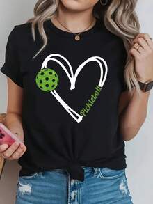 Women's Pickleball T-Shirt - Short Sleeve Crew Neck Casual Top With Paddle And Court Design, Suitable For Summer, Spring, Gifts, Machine Washable Clothing For Pickleball Lovers, Non-Blouse Style - 黑色 - 查看 1