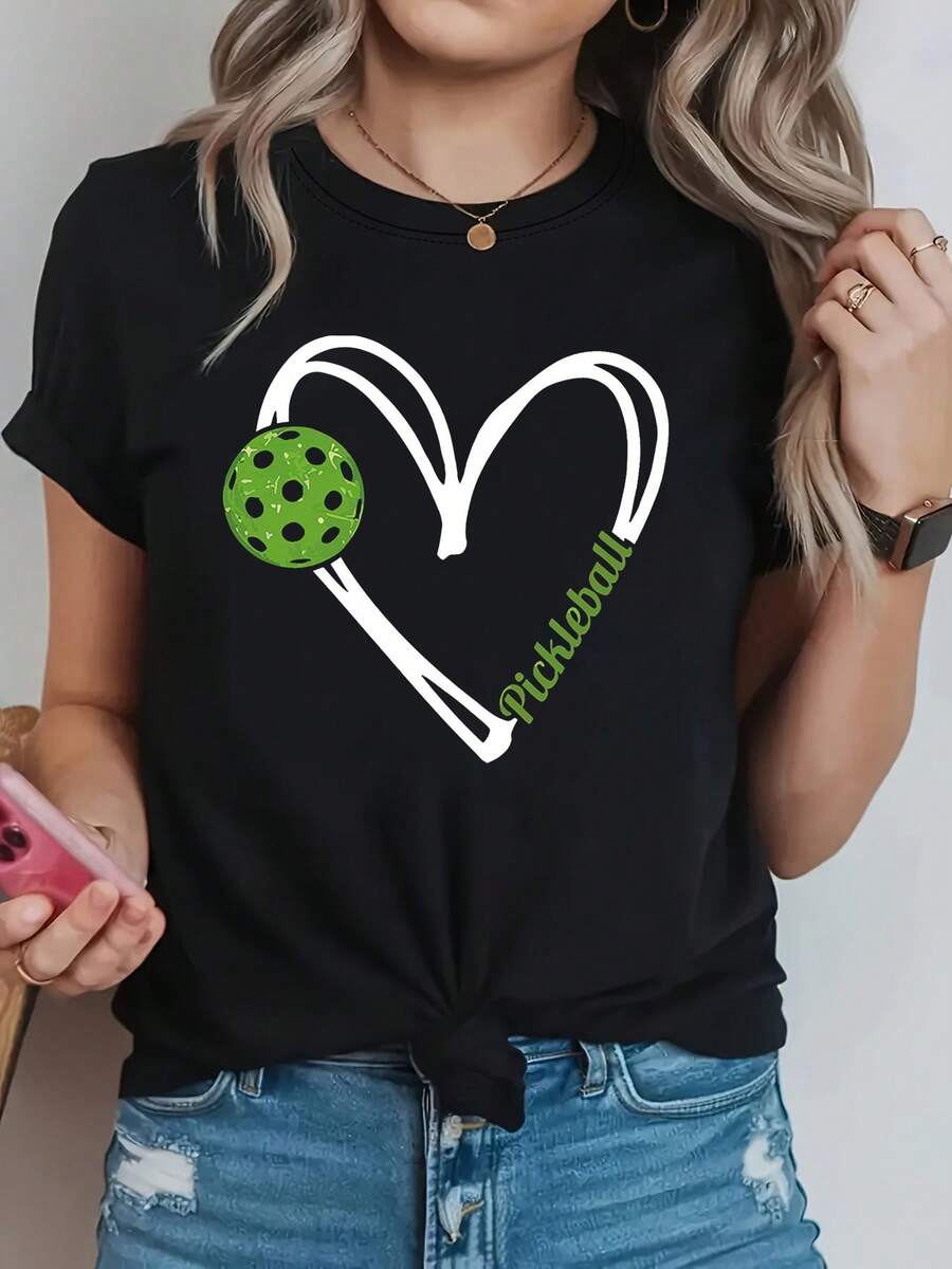 Women's Pickleball T-Shirt - Short Sleeve Crew Neck Casual Top With Paddle And Court Design, Suitable For Summer, Spring, Gifts, Machine Washable Clothing For Pickleball Lovers, Non-Blouse Style - 黑色 - 查看 1
