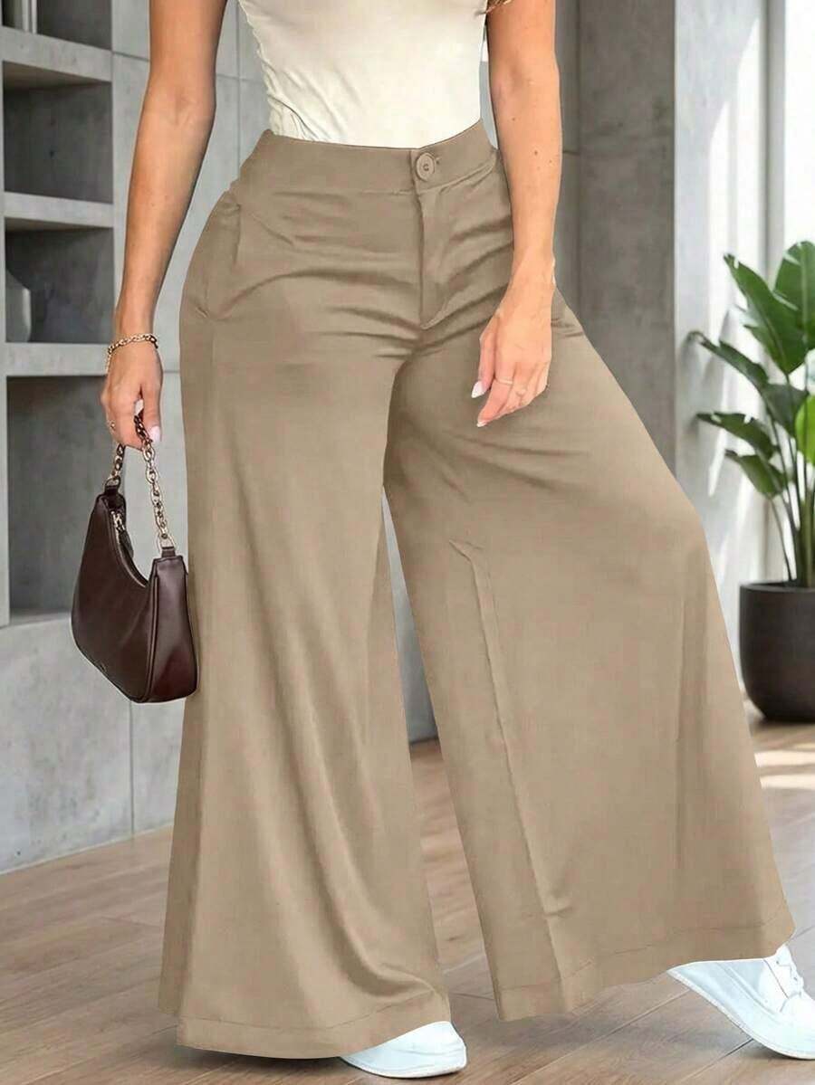 Pantalones anchos y sueltos de unicolor y casual para mujer, elegantes y minimalistas para la primavera - Caqui - Ver 1
