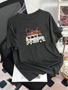 T-shirt ample à manches courtes pour femmes grande taille, col rond, motif mignon d'un camping-car avec fleurs, style décontracté, idéal pour le printemps, l'été et l'automne. Tenue de vacances - Gris foncé - Voir 4