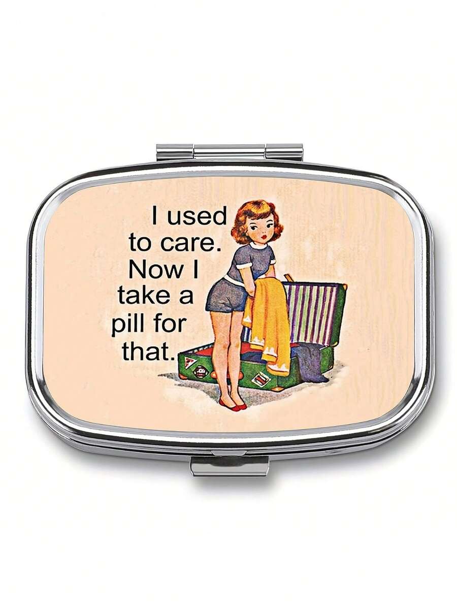 1pc Retro Comic Art Pill Box Dual Compartment - Portable Travel Medicine And Vitamin Storage Box With Mirror, ABS/Metal Material Design (I Used To Care About ), Daily Pill Organizer | Humorous Illustration | Metal Pill Case, Portable Handheld Pill Box - Multicolor - View 1
