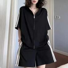 Pantalones cortos estilo callejero gótico para mujer, trajes deportivos informales para correr, pantalones cortos sueltos, conjuntos de dos piezas, camisetas Polo informales Y2k Harajuku, verano - Negro - Ver 5
