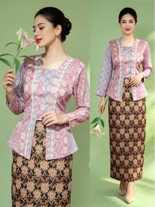 1pc Elegant Patchwork Long Sleeve Blouse For Women, Spring/Summer, Purple - Lilac Purple - View 1
