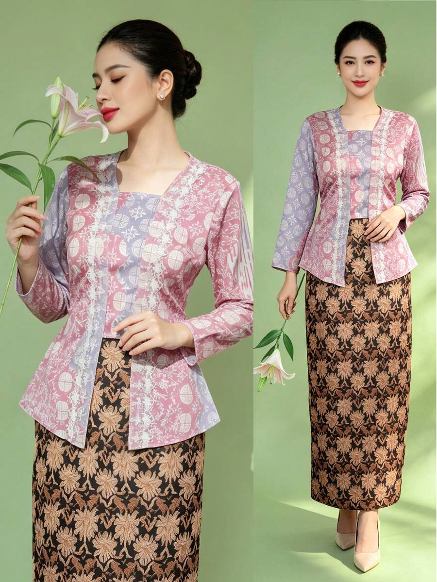 1pc Elegant Patchwork Long Sleeve Blouse For Women, Spring/Summer, Purple - Lilac Purple - View 1