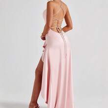 Satin Maxi Dress, Sexy Spaghetti Strap Open Back Ruffle Irregular Hem, Evening Party Prom Gown - Đỏ - Xem 5