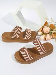 Women's Thick Sole Comfortable Versatile English Style Beach Sandals, Colorblock Strap Flat Casual Shoes For Summer - Flower Palm - View 7