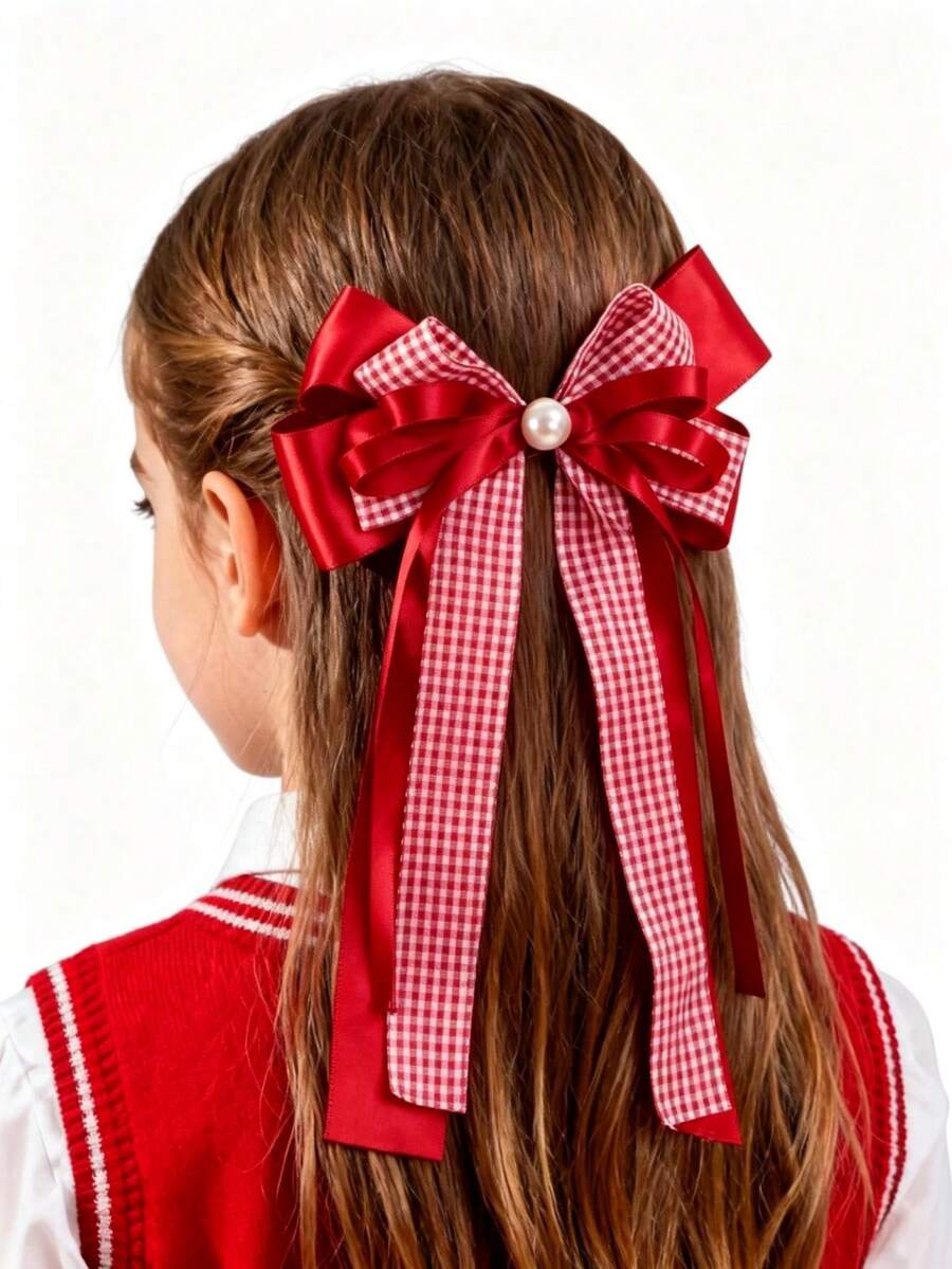 1pc Versatile Casual School Style Dual-Tone Plaid Ribbon Bow Hair Clip, Back To School Season - Red - View 1