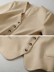 Women's Summer Office & Casual Solid Color V-Neck Single-Breasted Short Sleeve Blazer Jacket With Lining - Khaki - View 4