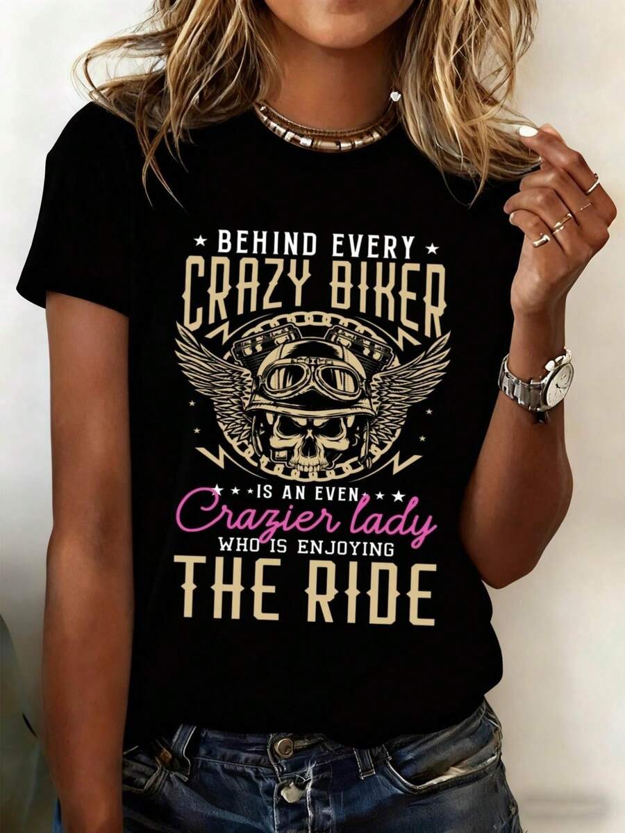 Camiseta de manga corta de las mujeres, impresa, camiseta de cuello de tripulación negra casual, mezcla de poliéster estirable, lavable en máquina, adecuado para Springsummerfall