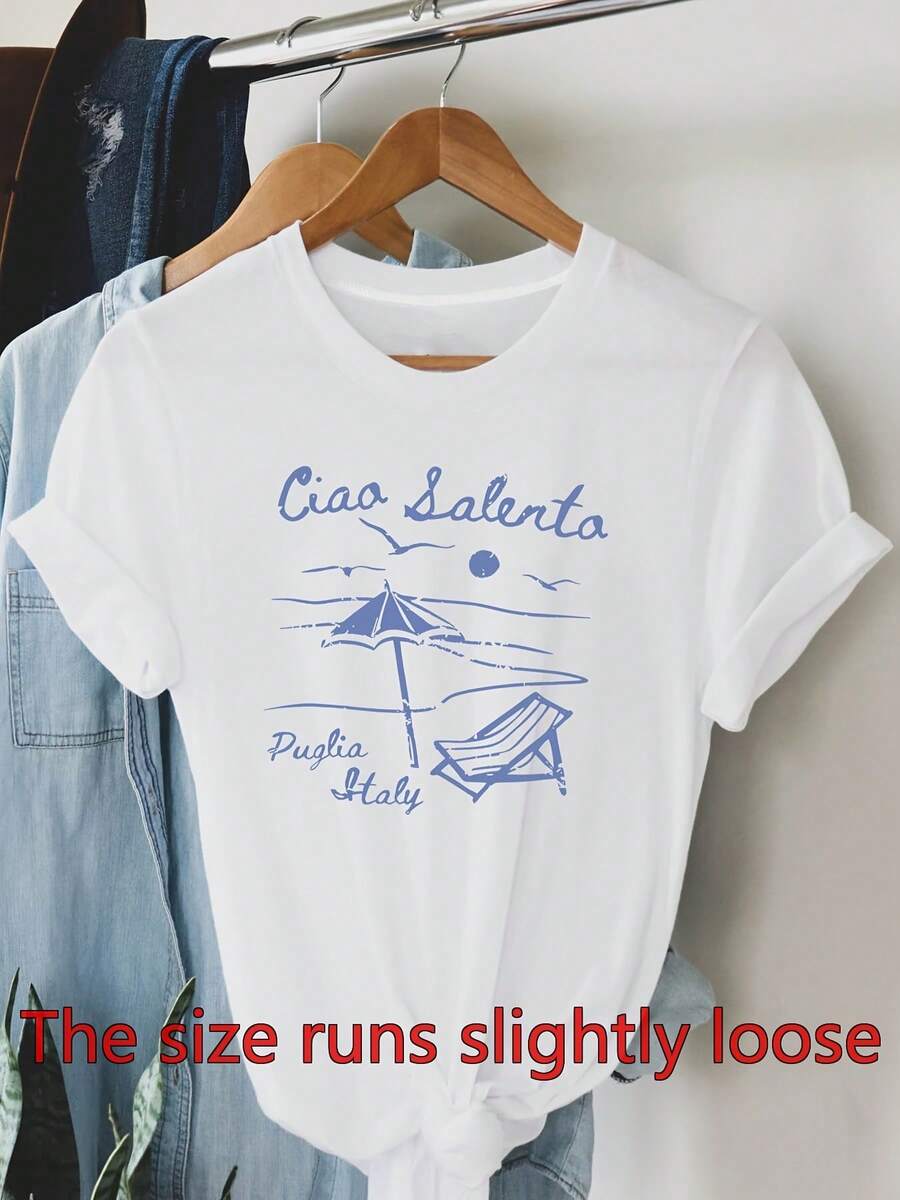 Women's Casual Italian Print T-Shirt Ciao Salento | Short Sleeve, Crew Neck, Lightweight, Spring/Summer Umbrella And Sun Design, Everyday T-Shirt, Casual Style, Lightweight Fab - 白色 - 查看 1
