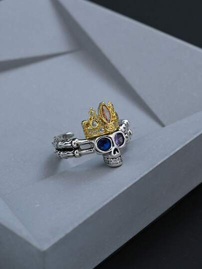 1 pieza Anillo con calavera coronada de circonita de colores, anillo abierto y ajustable con destellos, adecuado para uso diario de mujeres