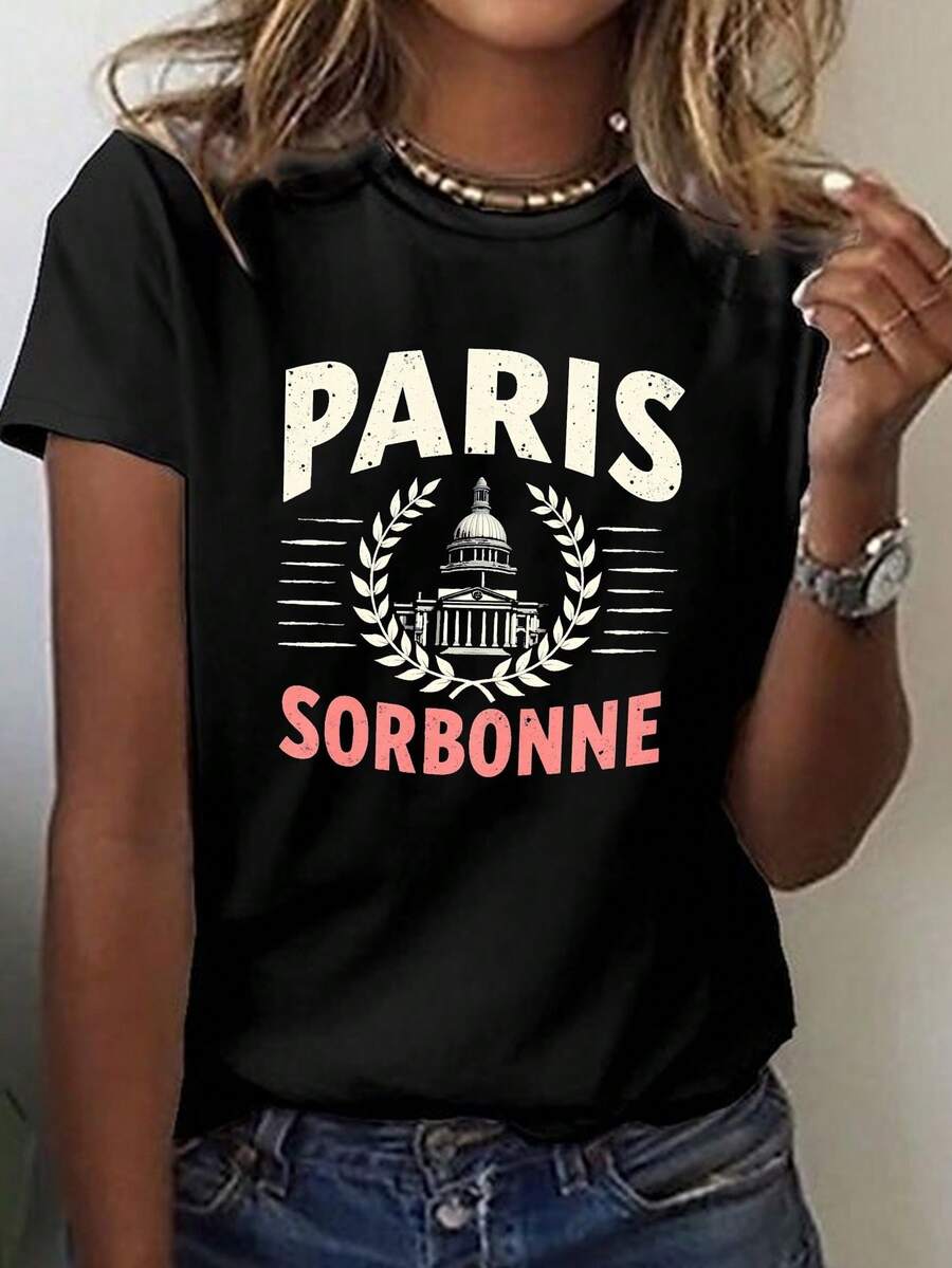 Paris Sorbonne Classical Building Illustration Print T-Shirt, Short Sleeve Crew Neck Casual Top For Summer And Spring, Women's Clothing - 黑色 - 查看 1