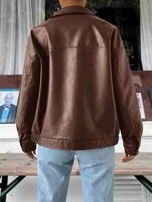 Short PU Leather Jacket With Zip Closure And Dropped Shoulders For Autumn/Winter - Brown - View 2