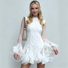 Women's Long Sleeve Mesh Panel Ruffle Hem Mini Dress| Elegant Button-Front A-Line Party Dress - White - View 6