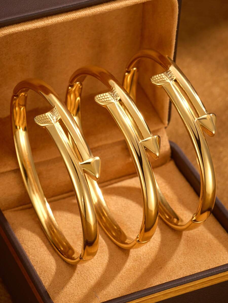 Bộ 1/2/3 chiếc vòng tay hình mũi tên bằng thép không gỉ mạ vàng 24k sáng bóng cổ điển, đường kính 60mm, có thể mở ra, phù hợp cho nữ giới đeo hàng ngày, không kèm hộp. - mũi tên - Xem 1