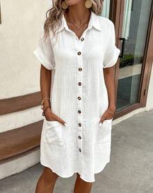 Minivestido Vintage liso para mujer, moda de verano con cuello en V, manga tres cuartos, vestido de lino y algodón, Vestidos informales para vacaciones - BLANCO - Ver 6