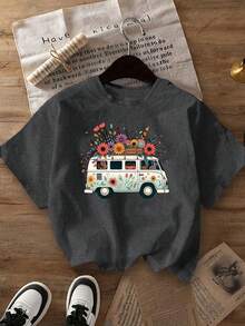 T-shirt ample à manches courtes pour femmes grande taille, col rond, motif mignon d'un camping-car avec fleurs, style décontracté, idéal pour le printemps, l'été et l'automne. Tenue de vacances - Gris foncé - Voir 1