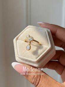 MADEONE 1枚优雅波浪双锆石水滴形925纯银女士订婚结婚戒指，精致新娘首饰，周年纪念生日礼物 - 金色 - 查看 3
