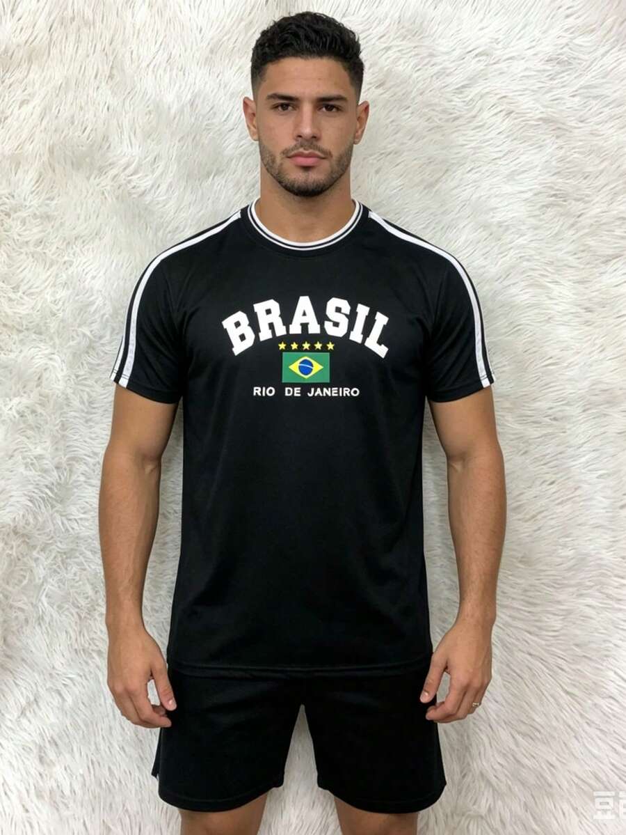 Men's Brazil Football T-Shirt, Short Sleeve, Timi Casual Summer T-Shirt - màu đen - Xem 1