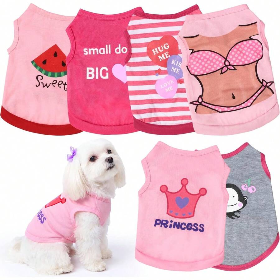 6 Pieces Dog Shirt Puppy Sweatshirt Pet Sleeveless Vest Dog Clothes Doggy Female Apparel For Small To Medium Dogs Puppy Cat(Cute Patterns,XS Size) - 可愛的圖案 - 查看 1