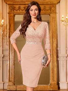 MIUSOL Elegant Women's Sequin Lace Bodycon Cocktail Dress, 3/4 Sleeve V Neck High Waist Midi Pencil Dress With Ruched Wrap Hem For Wedding, Evening Party - Champagne - View 2
