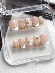 10pcs Square Handmade Fake Nails, Minimalist Style, Pink Base, Gold & White French Tip, 3D Flower Carving, Suitable For Girls And Women Daily, Vacation, School, Wedding Decoration, Includes Jelly Glue And Nail File Handmade Press On Nails - Pink - View 2