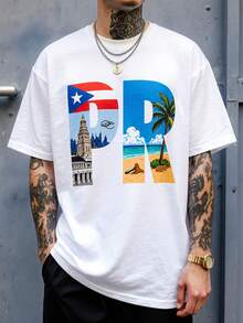 Unisex Printed T-Shirt, Cityscape Design With Palm Trees, Beach Dogs And The Word "PR" In Blue And Red, Combined With A Multi-Layered Chain Necklace, Casual Round Neck T-Shirt, Breathable Summer T-Shirt - Ideal Gift For Birthdays, Thanksgiving, Christmas, Halloween, Father's Day, Mother's Day. - 白色 - 查看 1