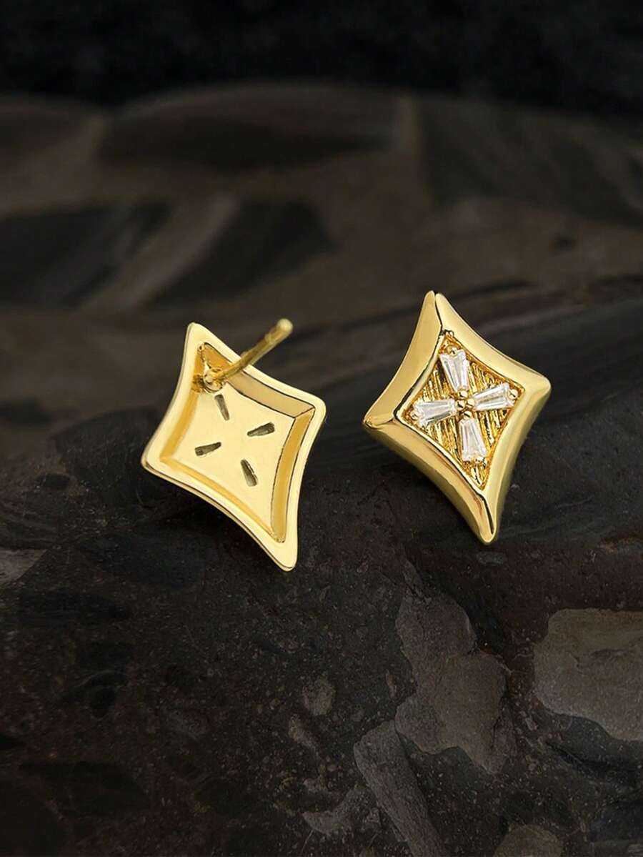 一对精美星形锆石耳环，925银材质，防过敏，不易褪色，适合日常通勤佩戴，女士耳环，精致珠宝耳环 - 方形星芒耳釘 - 查看 1