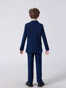 3-10 Years Old Boys Plaid Suit Jacket With Buttons, Lapel Formal Blazer, Navy Blue - Navy Blue - View 3