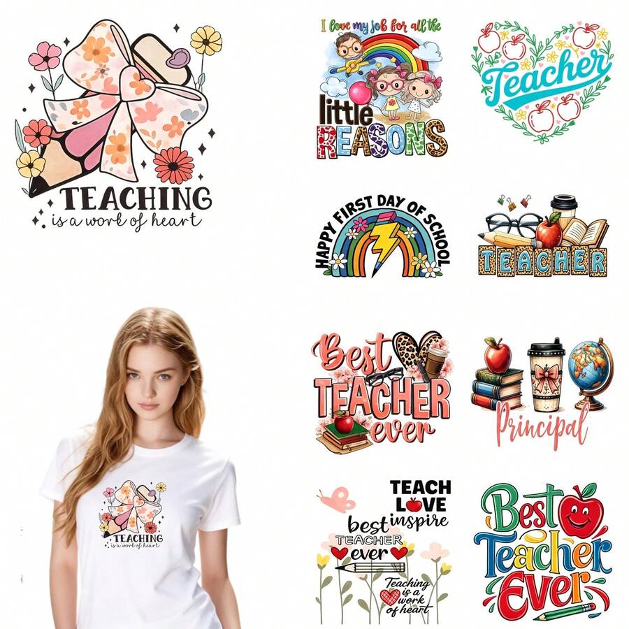9 Sheets Teachers' Day Iron On Transfers,  DTF Transfer Ready to Press for T-Shirts,  Teaching Is A Work Of Heart Little Reasons Teacher Happy First Day Of School Best Teacher Ever Teach Love Inspire Principal , Easy Heat Transfer for Clothing, T-Shirts, Jeans, Backpacks, Hats & Pillows,  Washable Stickers Perfect for Casual Style, Ideal Gift for Women and Men. - Zufälliger Stil - Übersicht 1