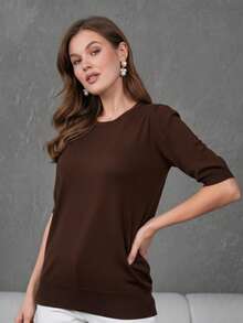 Women's Short-Sleeve Knitted Blouse With Button Closure At The Neck - Brown - View 2