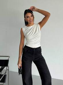 Chic Off-White Draped Sleeveless Top - Elegant Ruched Crew Neck Blouse For Women - White - View 2