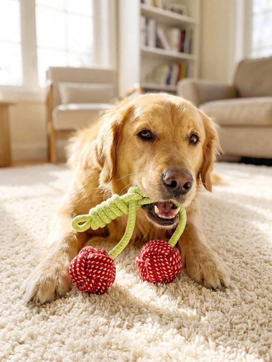 1 件装耐用樱桃造型咀嚼绳玩具,适合中大型犬,可清洁牙齿,释放宠物能量 - 彩色 - 查看 1
